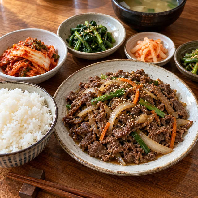 밥과 불고기, 반찬으로 차린 한식 점심 예시